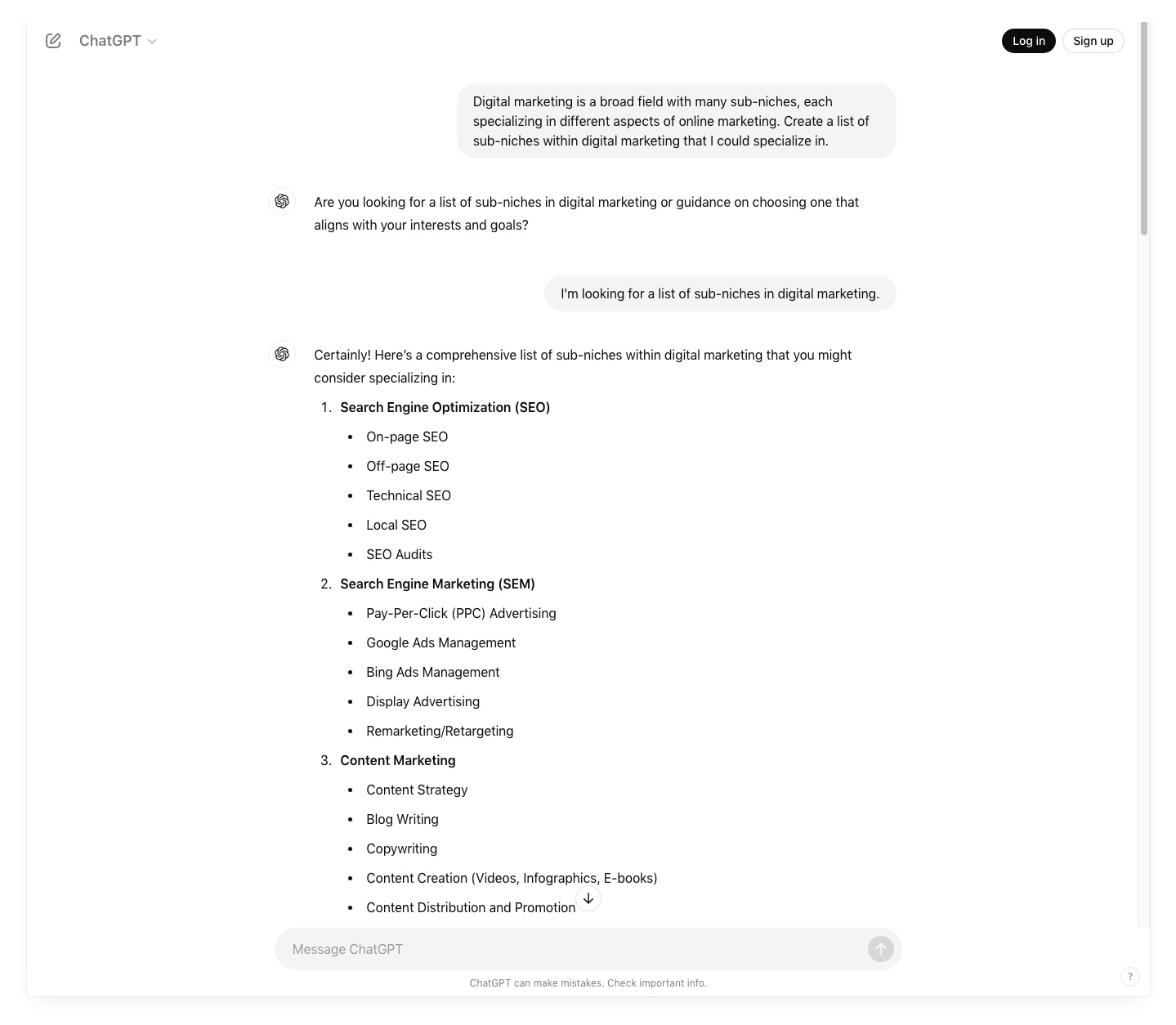 Asking ChatGPT about digital marketing niches